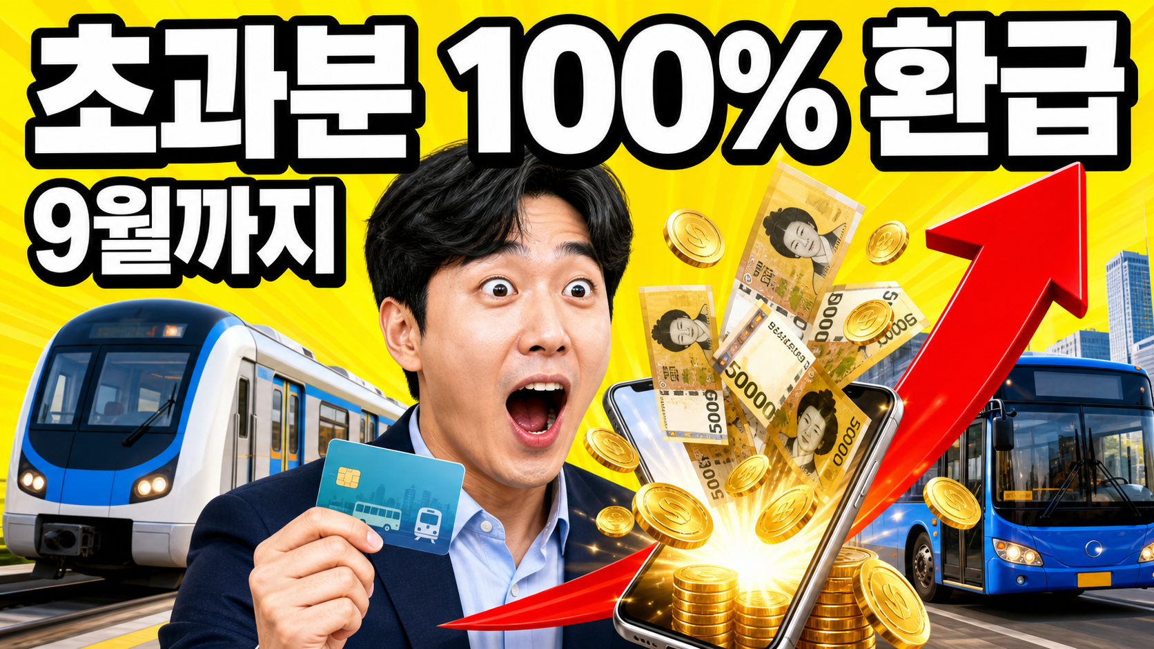 대중교통 교통비 환급을 상징하는 이미지 - 지하철과 버스 앞에서 교통카드를 든 남성과 쏟아지는 지폐