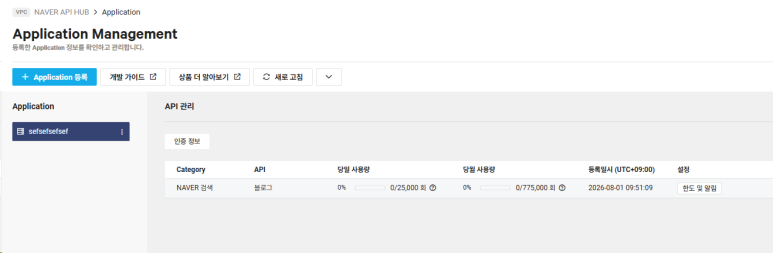 NAVER API HUB Application Management 사용량 확인 화면