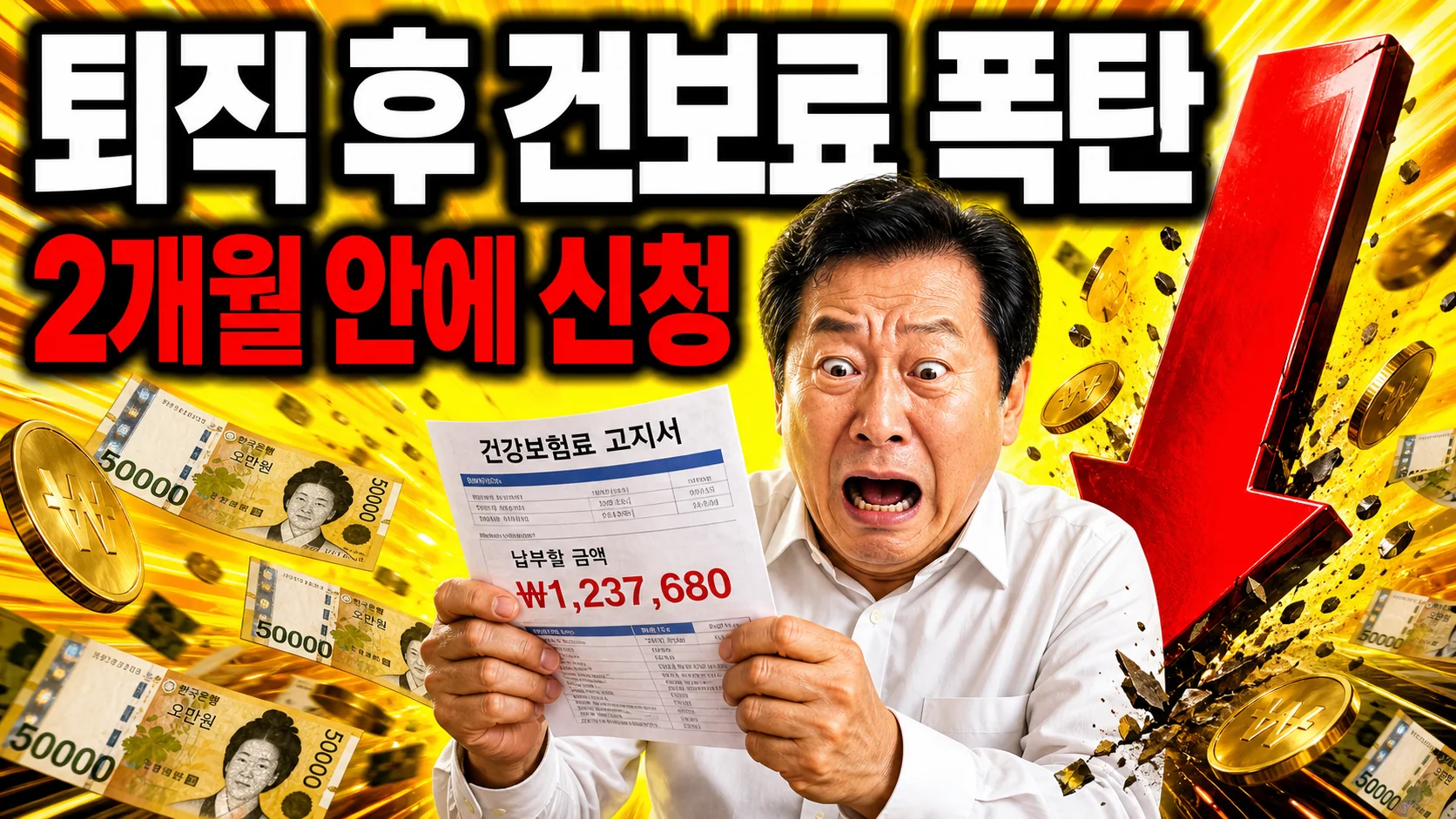 퇴직 후 건강보험료 고지서를 보고 놀란 중년 남성과 하락 화살표 이미지 — 건강보험 임의계속가입 안내