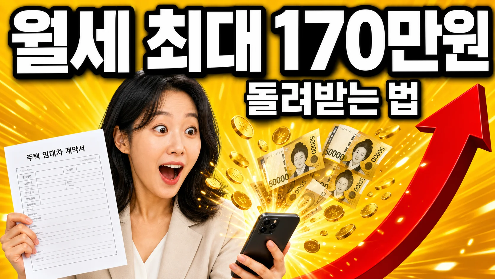 월세 세액공제 환급을 표현한 이미지 — 임대차계약서를 든 30대 여성과 스마트폰에서 쏟아지는 5만원권 지폐