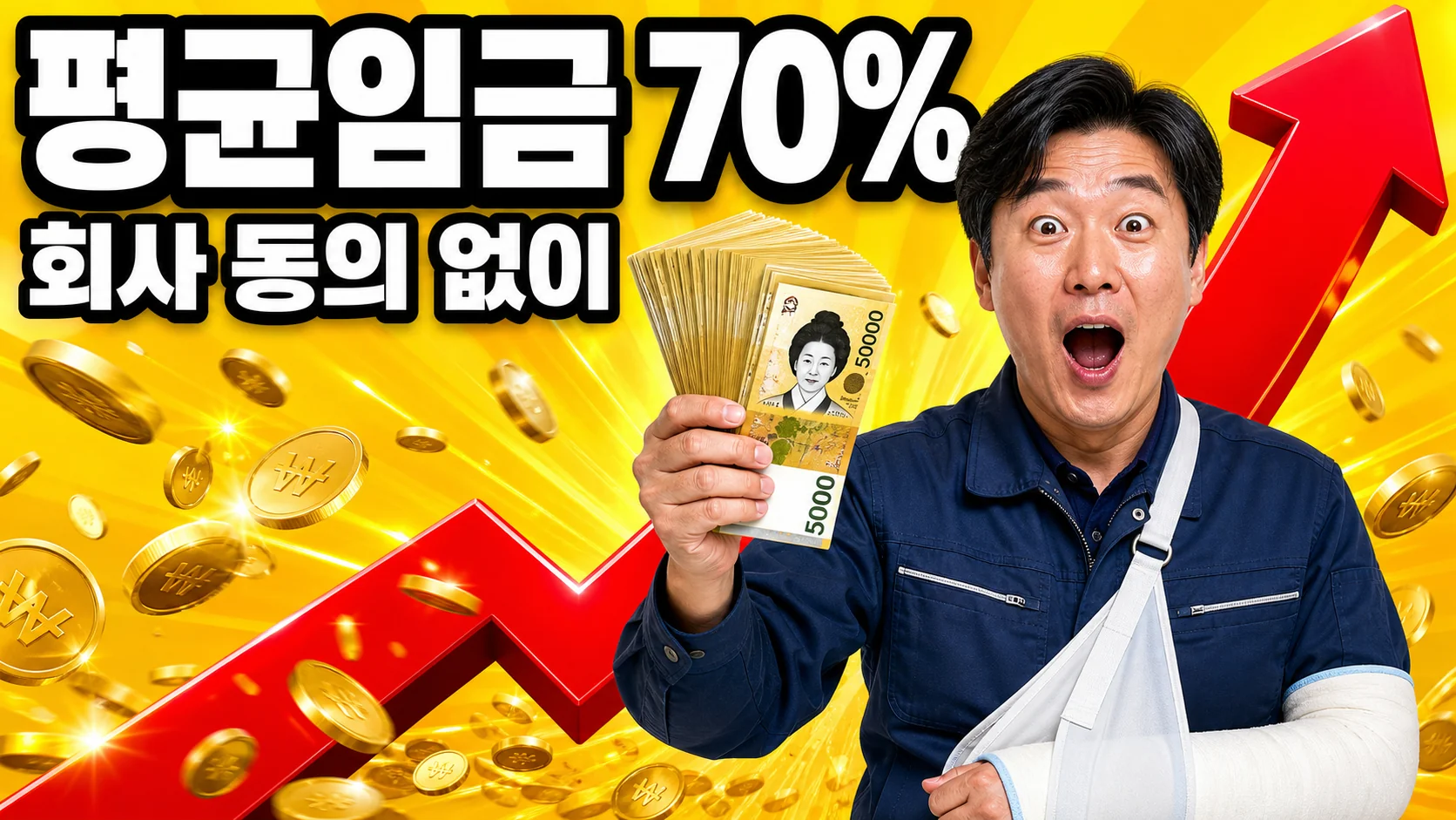 팔에 깁스를 한 한국인 근로자가 오만원권 지폐를 들고 놀란 표정을 짓는 산재보험 휴업급여 안내 이미지