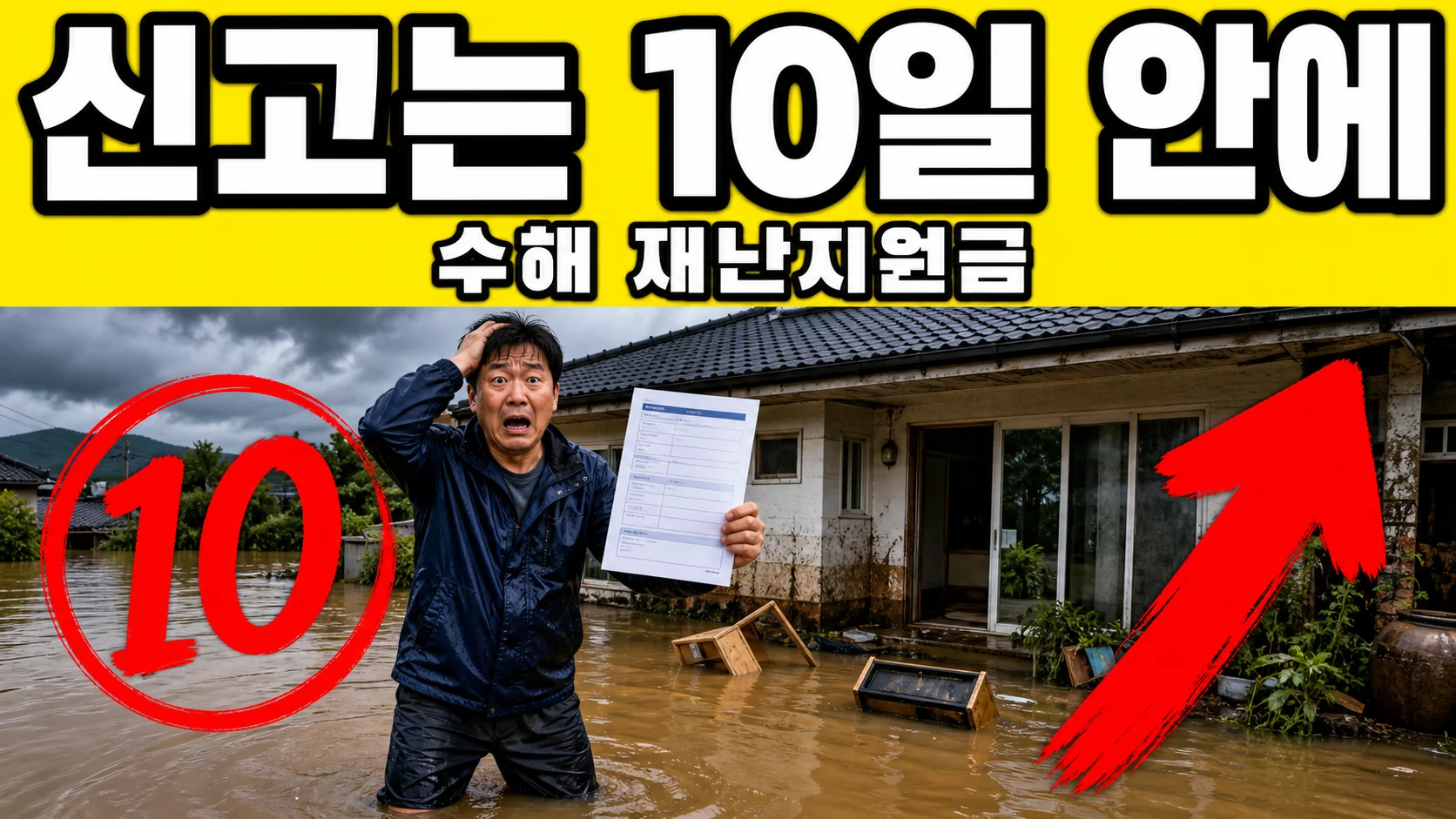 침수된 집 앞에서 재난지원금 신청 서류를 들고 있는 남성과 '신고는 10일 안에 수해 재난지원금' 문구가 적힌 썸네일
