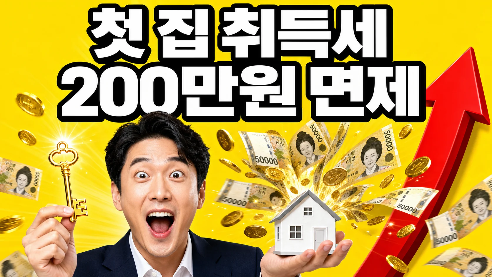 첫 집을 산 30대 남성이 집 모형과 열쇠를 들고 놀란 표정을 짓는 생애최초 주택 취득세 감면 이미지