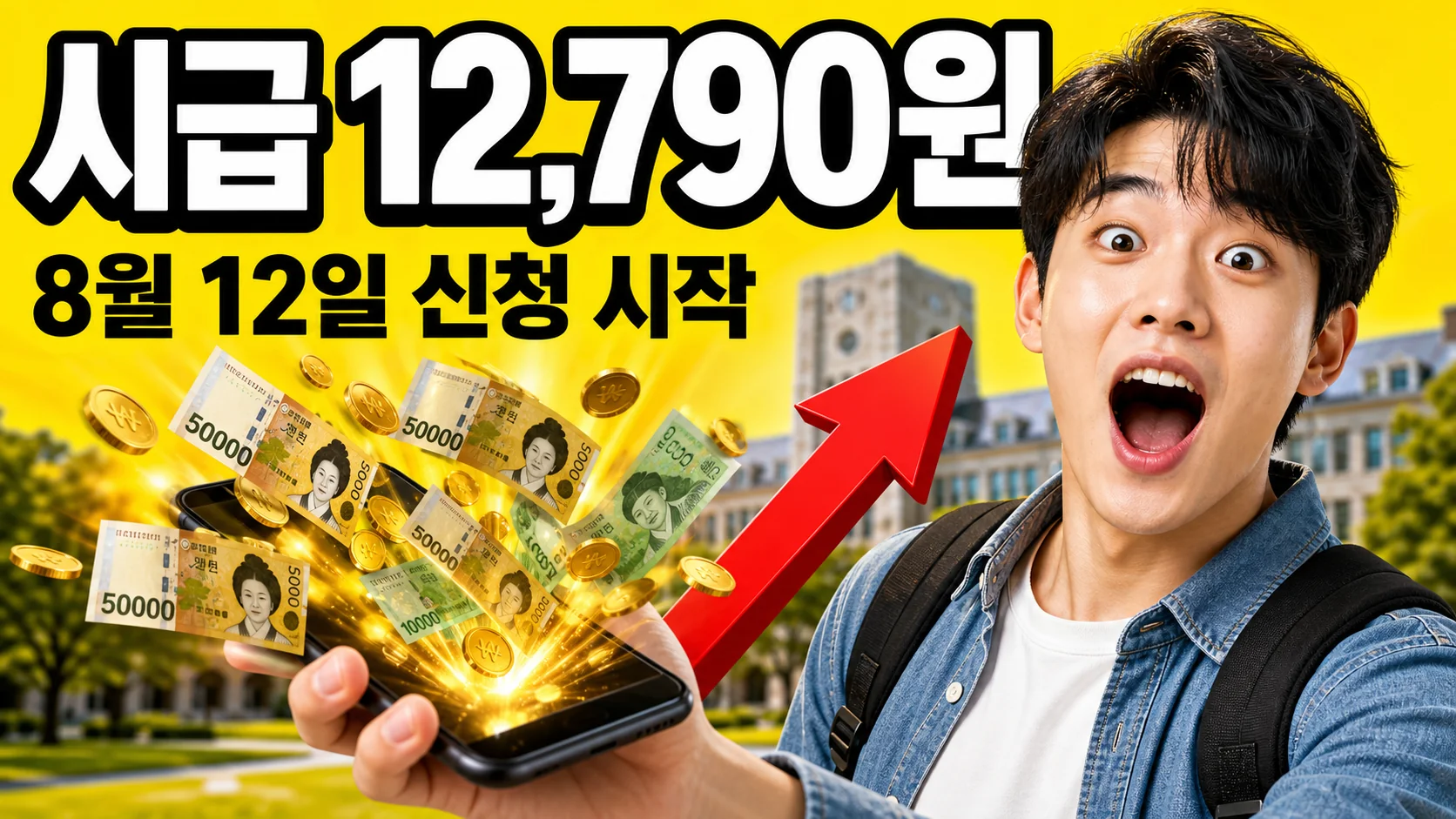 국가근로장학금 시급 12,790원과 8월 12일 신청 시작을 알리는 대학생 썸네일 이미지