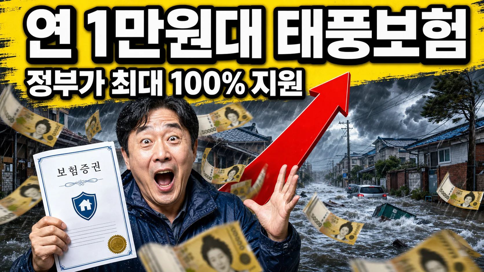태풍과 침수 피해를 걱정하는 한국인 남성과 풍수해보험 안내 이미지