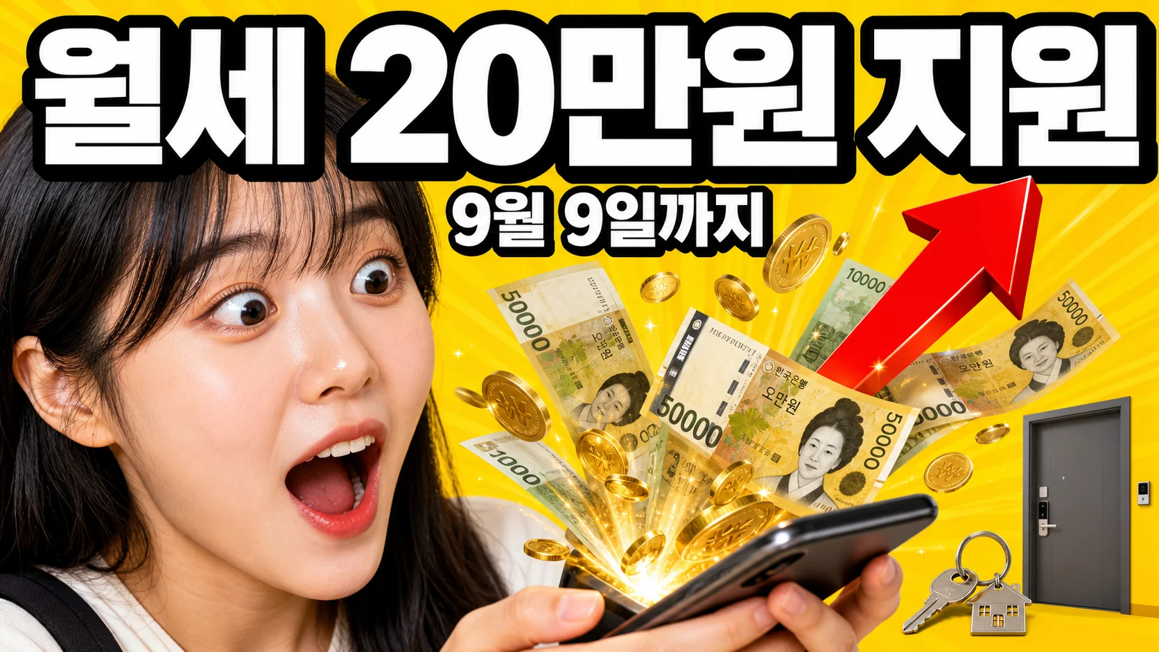 주거안정장학금 월세 20만원 지원을 알리는 썸네일 - 스마트폰에서 지폐가 쏟아지고 놀란 표정의 대학생