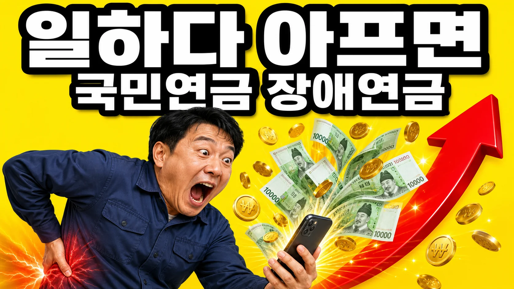 일하다 아프면 국민연금 장애연금 문구가 적힌 썸네일 - 놀란 표정의 한국인 남성과 스마트폰에서 쏟아지는 돈다발