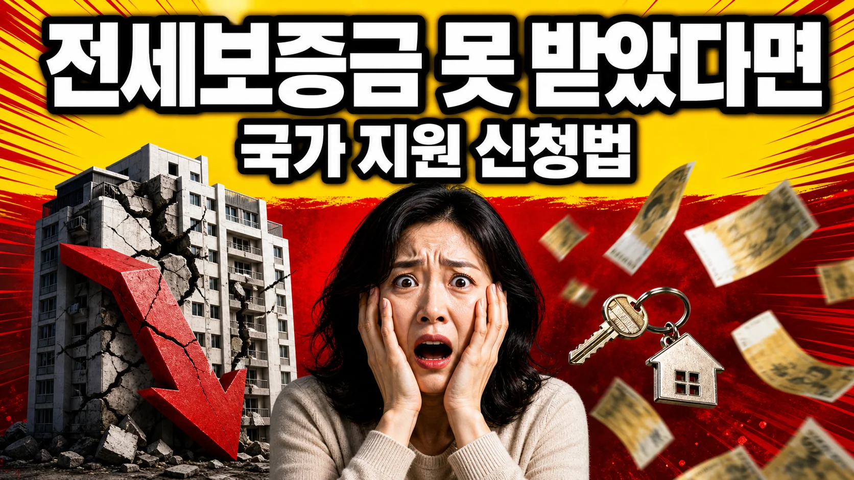 전세보증금을 돌려받지 못해 놀란 표정의 여성과 금이 간 아파트 모형, 전세사기 피해자 국가 지원 안내 이미지