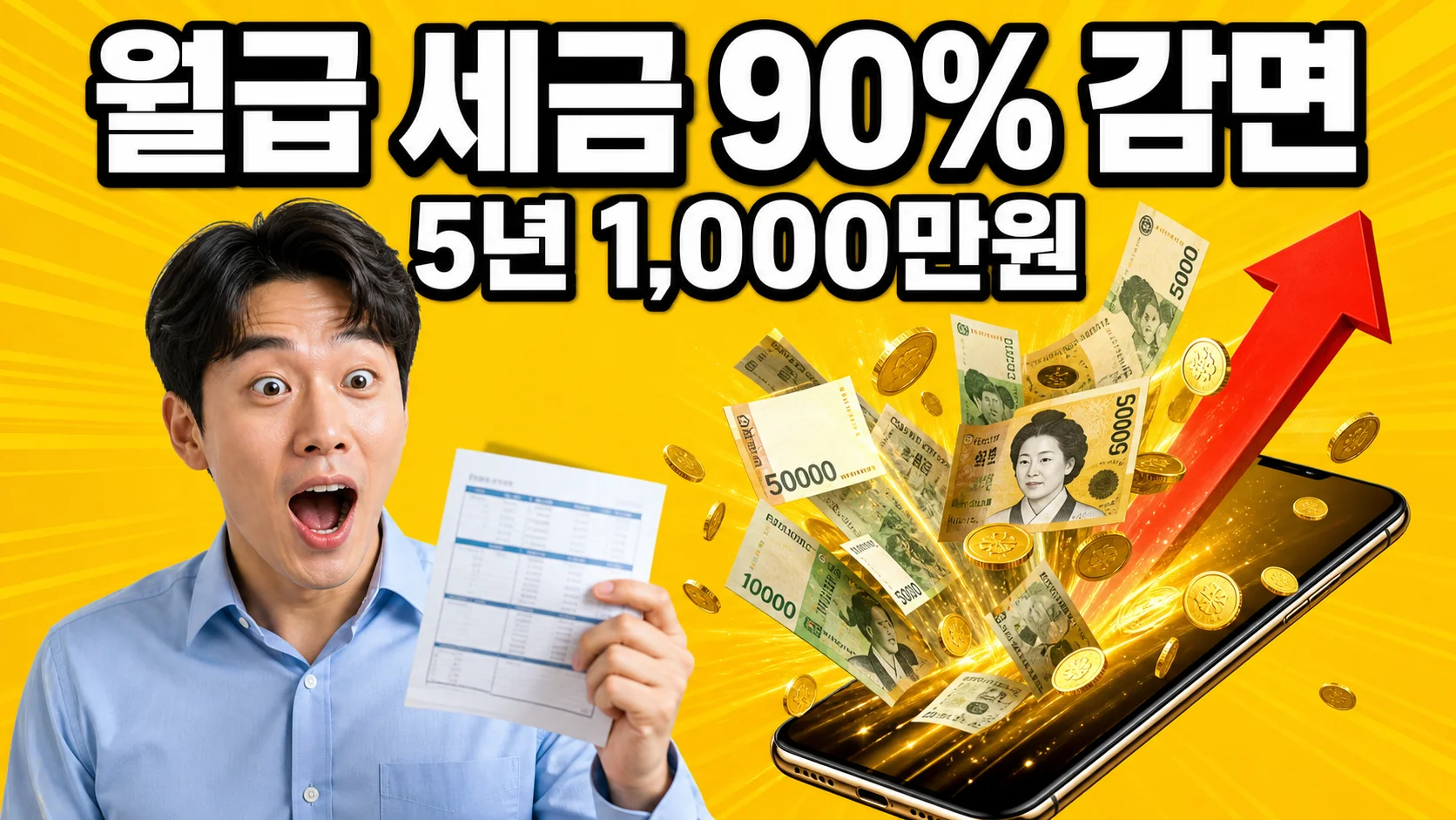 월급 세금 90% 감면, 5년 1,000만원 문구가 적힌 중소기업 취업 청년 소득세 감면 안내 썸네일