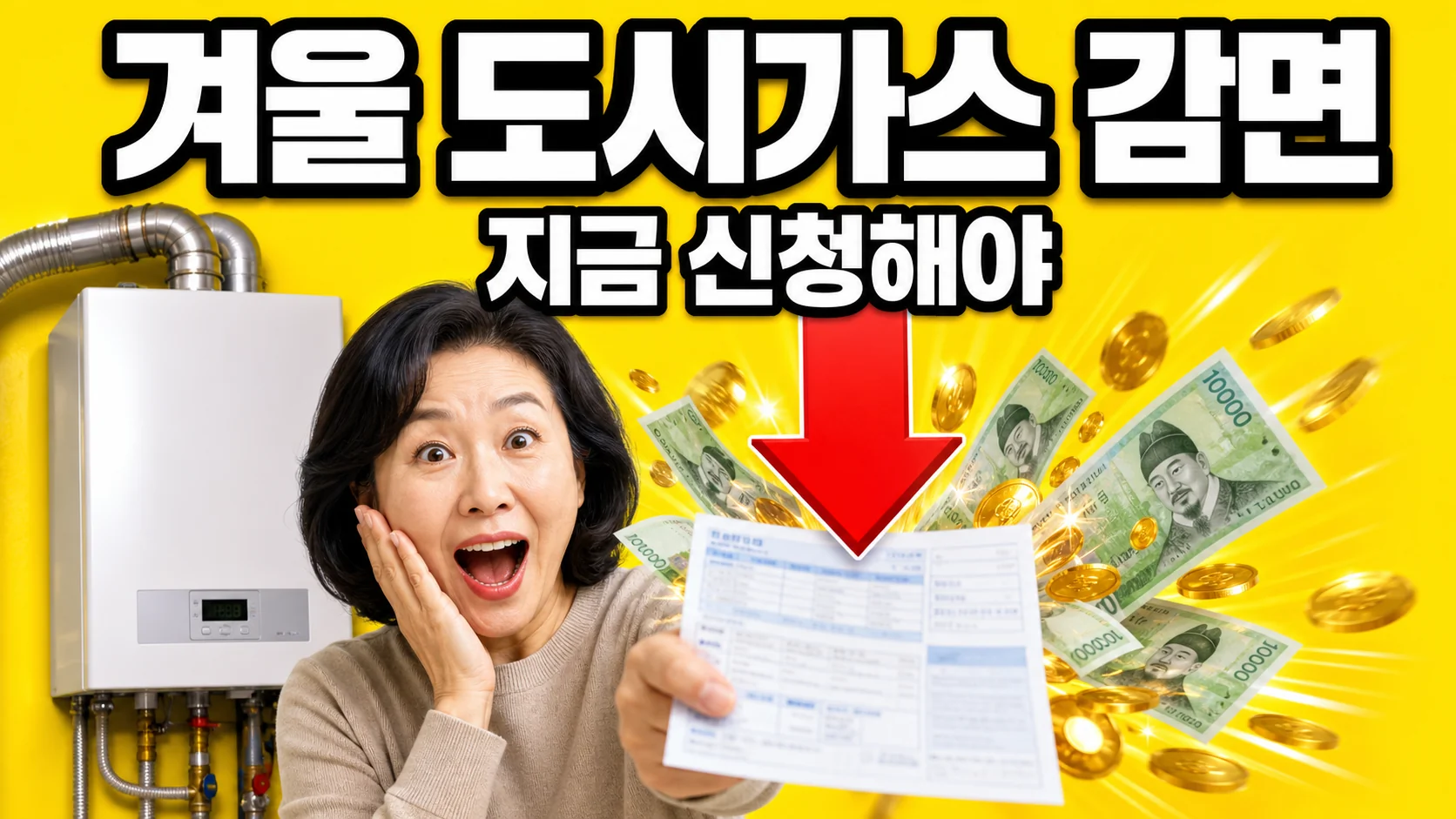 겨울 도시가스 요금 감면 신청을 안내하는 이미지 - 도시가스 고지서와 가정용 보일러, 지원금을 상징하는 지폐와 동전