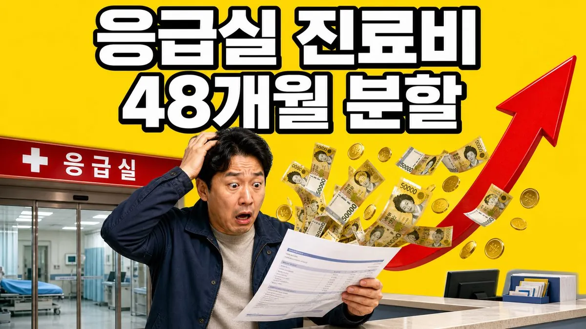 응급실 접수창구에서 진료비 고지서를 든 남성과 응급실 진료비 48개월 분할 문구가 강조된 이미지