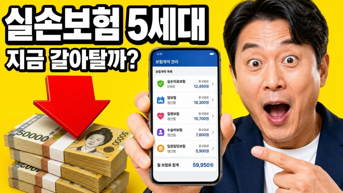 5세대 실손보험 전환을 고민하며 스마트폰으로 보험 가입내역을 확인하는 40대 남성과 보험료 인하를 뜻하는 빨간 화살표