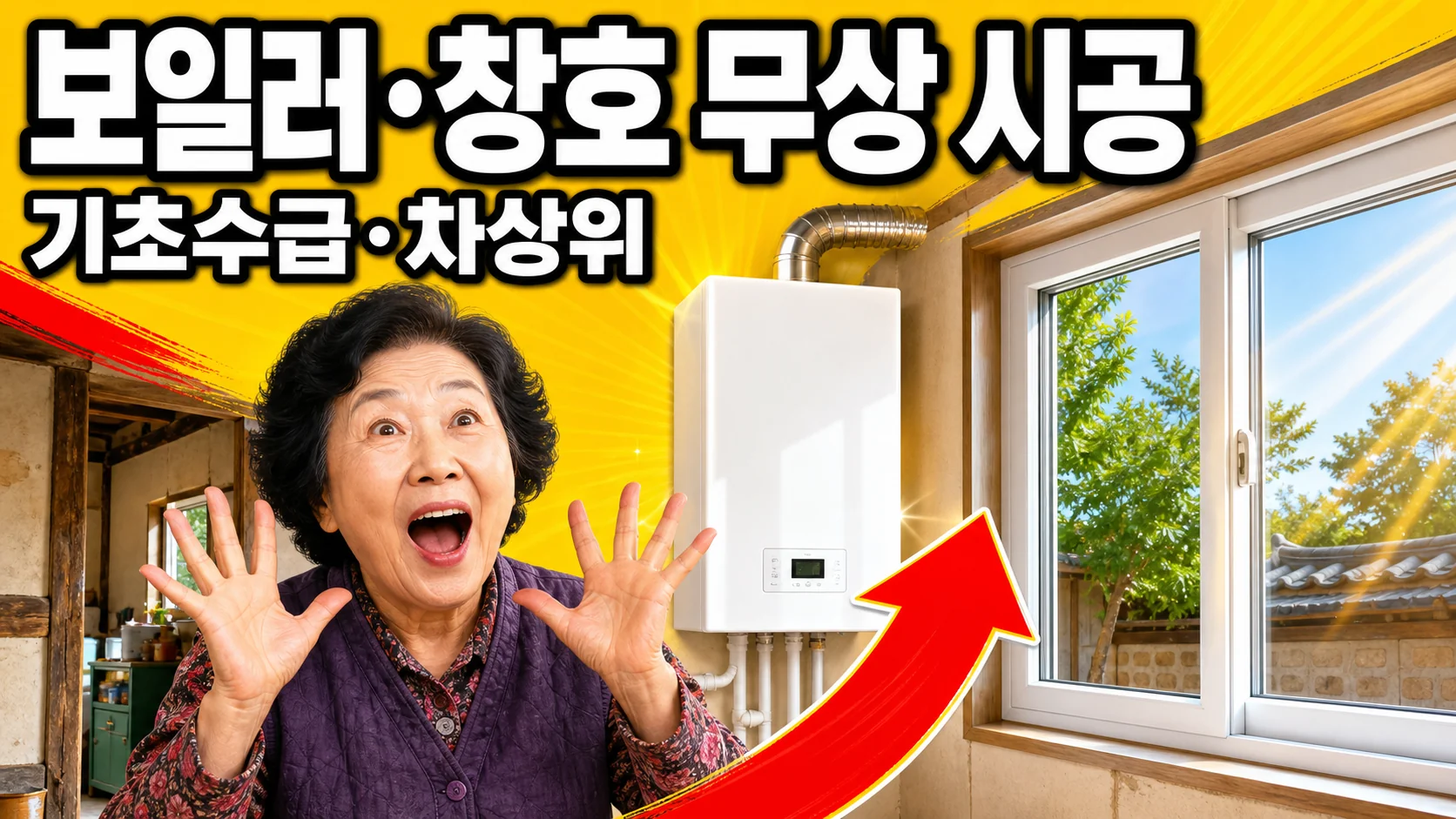 저소득층 에너지효율개선사업으로 새 보일러와 창호를 무상 시공받은 집과 놀란 표정의 노년 여성
