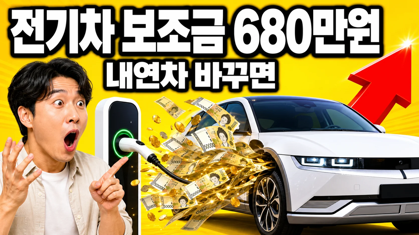 전기차 충전기 옆에서 놀란 표정을 짓는 남성과 전기차 보조금 680만원 문구가 담긴 이미지