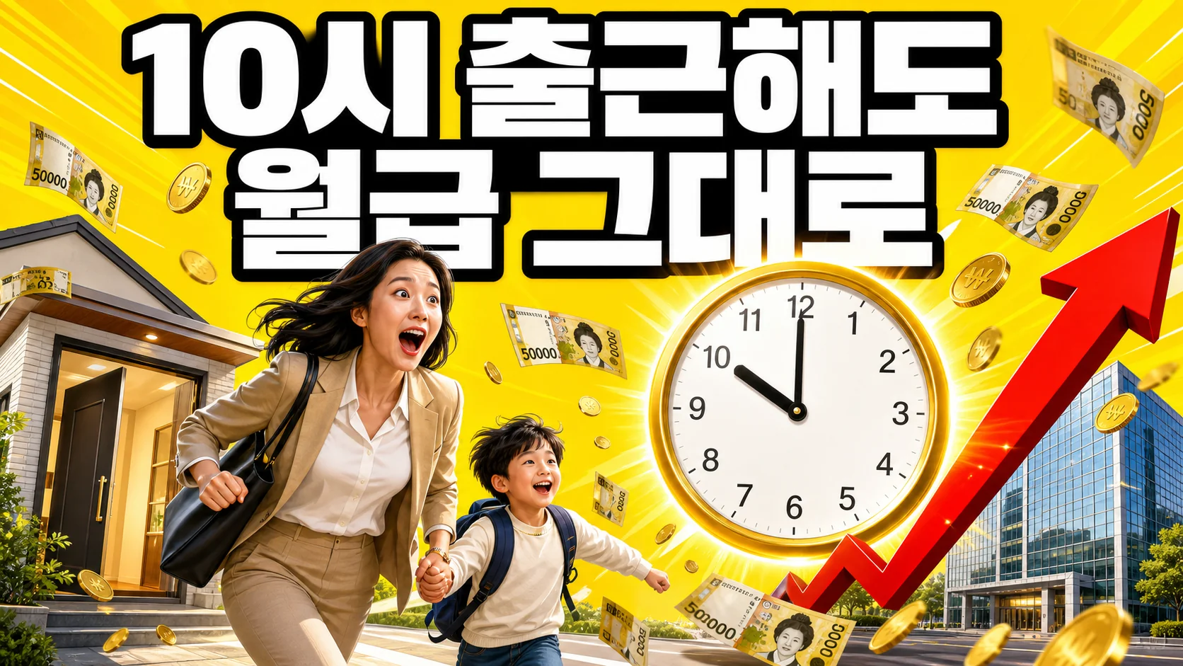 10시 출근해도 월급 그대로라는 문구와 10시를 가리키는 시계, 아이 손을 잡고 출근하는 30대 한국 여성 직장인 일러스트
