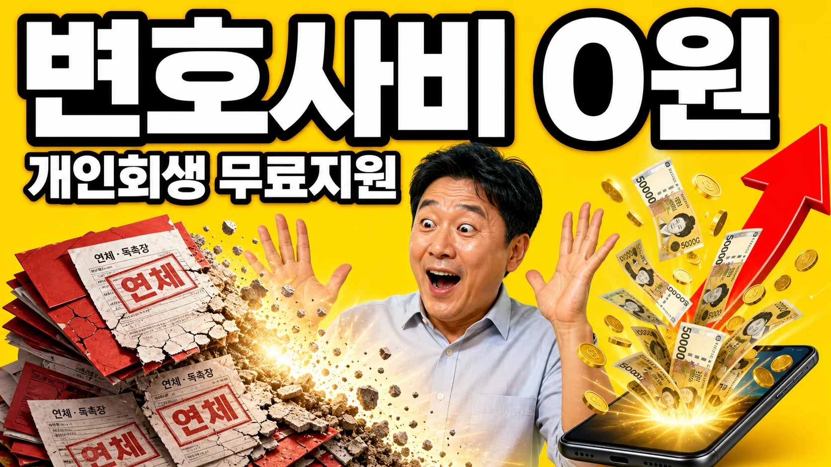 빚 독촉 서류가 사라지는 모습과 변호사비 0원, 개인회생 무료지원 문구가 적힌 개인회생·개인파산 안내 이미지