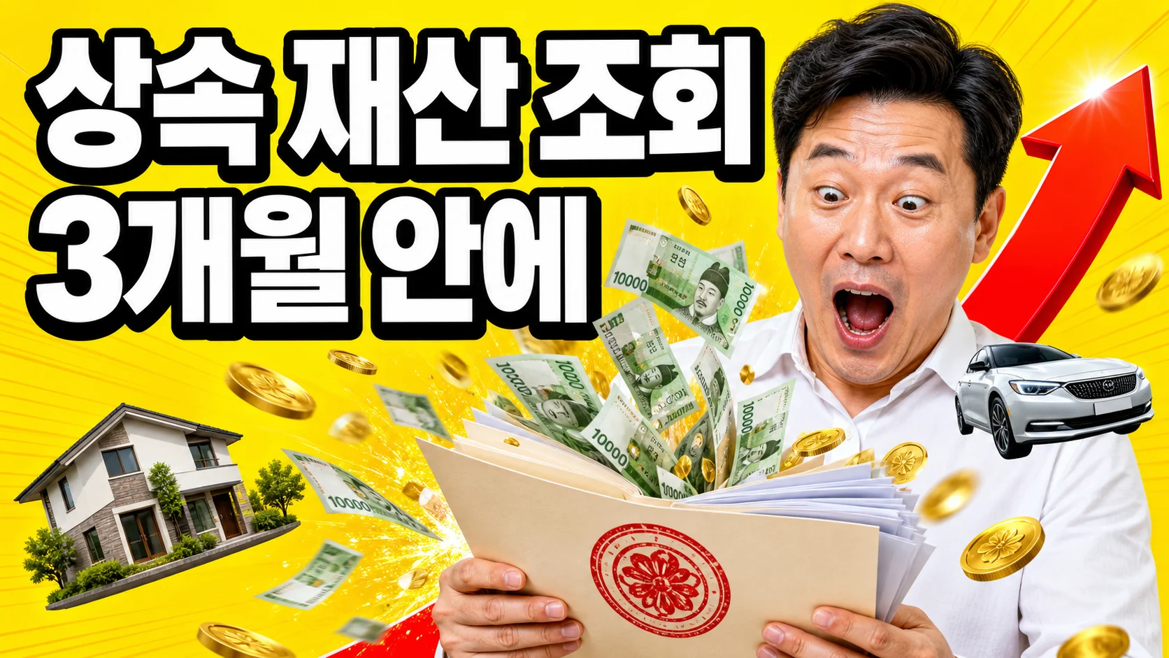 상속 재산 조회를 상징하는 이미지 - 서류와 원화 지폐, 집과 자동차 아이콘, 놀란 표정의 한국인 남성