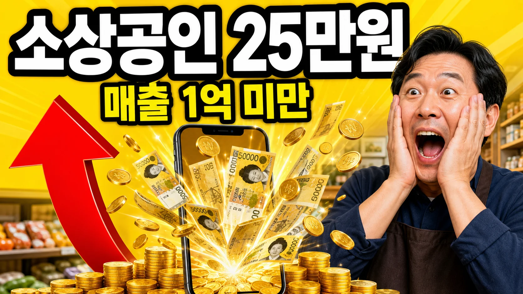 소상공인 경영안정 바우처 25만원 지급을 상징하는 이미지 - 앞치마를 입은 가게 사장님과 스마트폰에서 쏟아지는 지원금