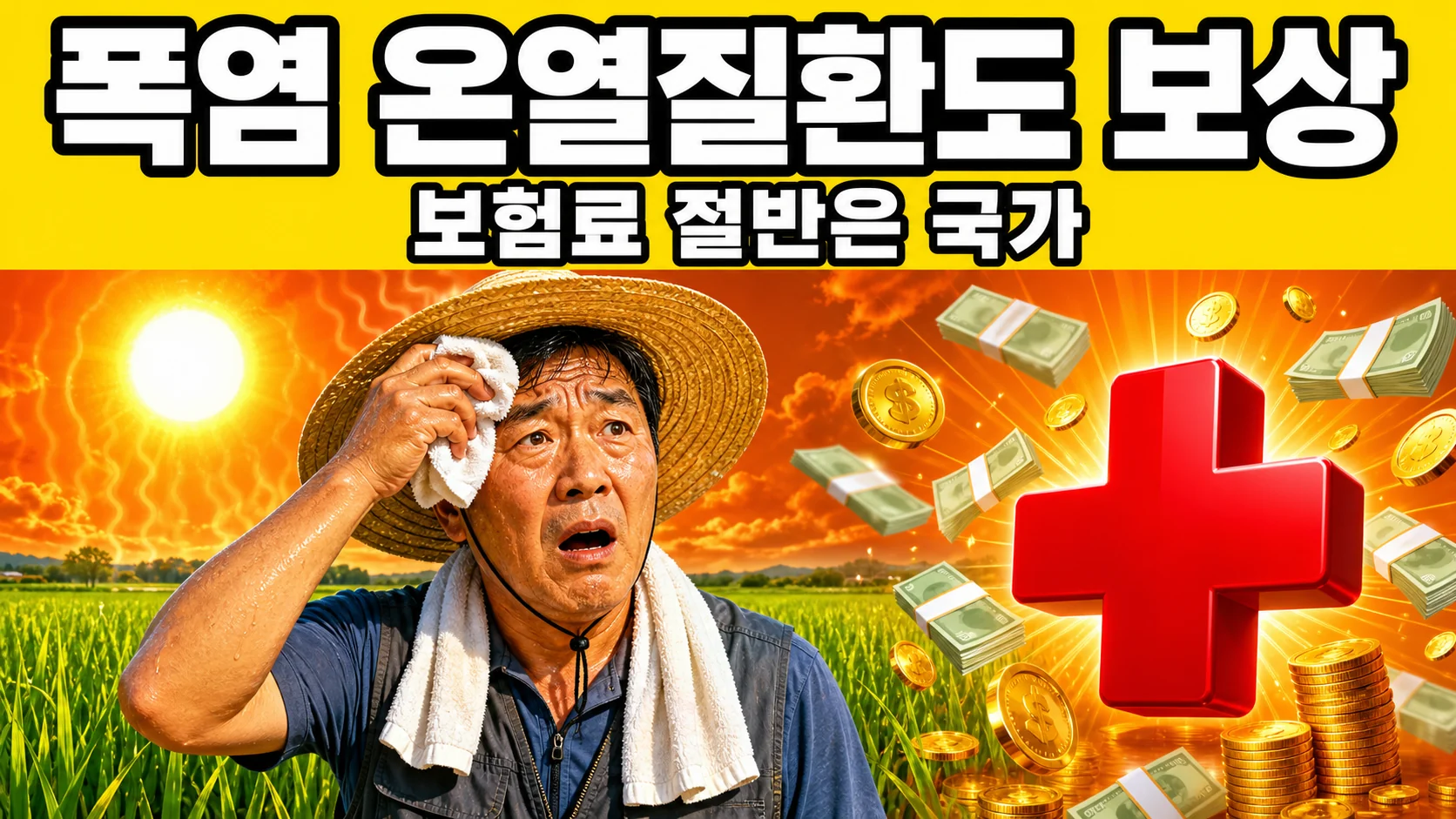 폭염 속 논에서 밀짚모자를 쓴 농업인이 땀을 닦는 모습과 농업인안전보험 보장을 표현한 이미지