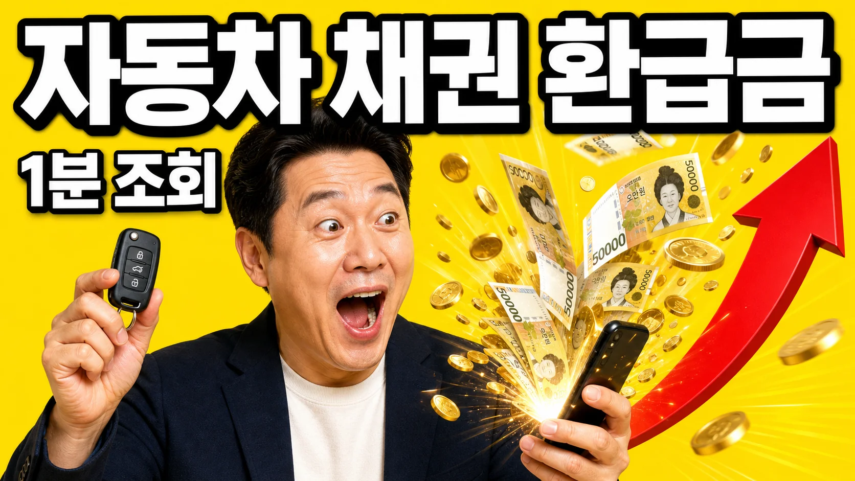 자동차 채권 환급금 조회를 안내하는 썸네일 이미지 — 스마트폰에서 쏟아지는 5만원권과 놀란 표정의 남성