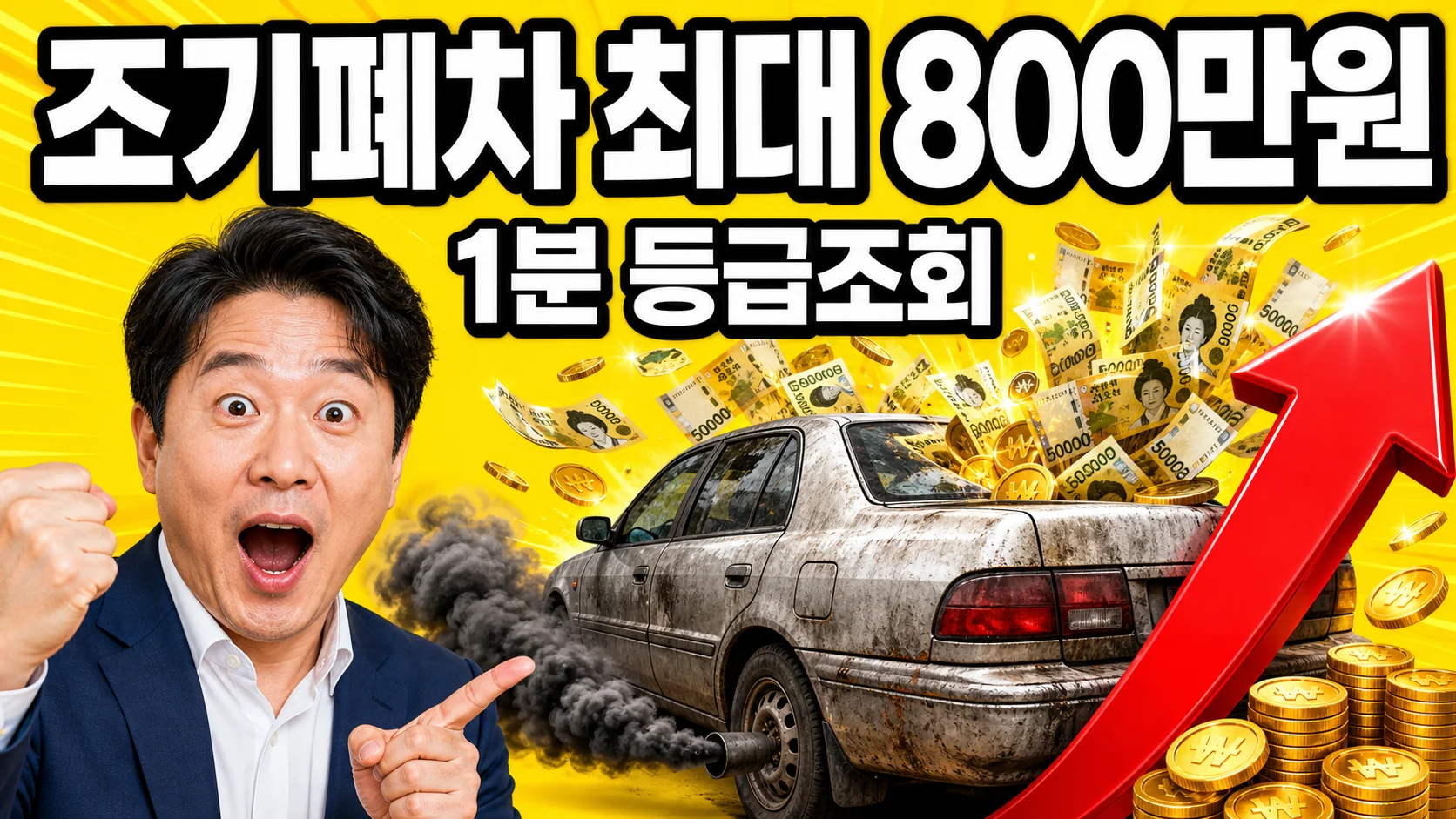 노후 경유차 옆에서 놀란 표정을 짓는 한국인 남성과 쏟아지는 돈, 조기폐차 지원금을 표현한 이미지