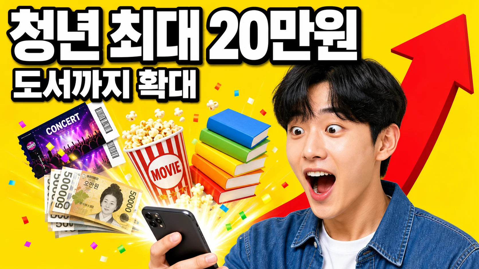 청년문화예술패스 추가 발급을 안내하는 썸네일 - 공연 티켓과 책, 지원금이 쏟아지는 이미지와 청년 최대 20만원 문구