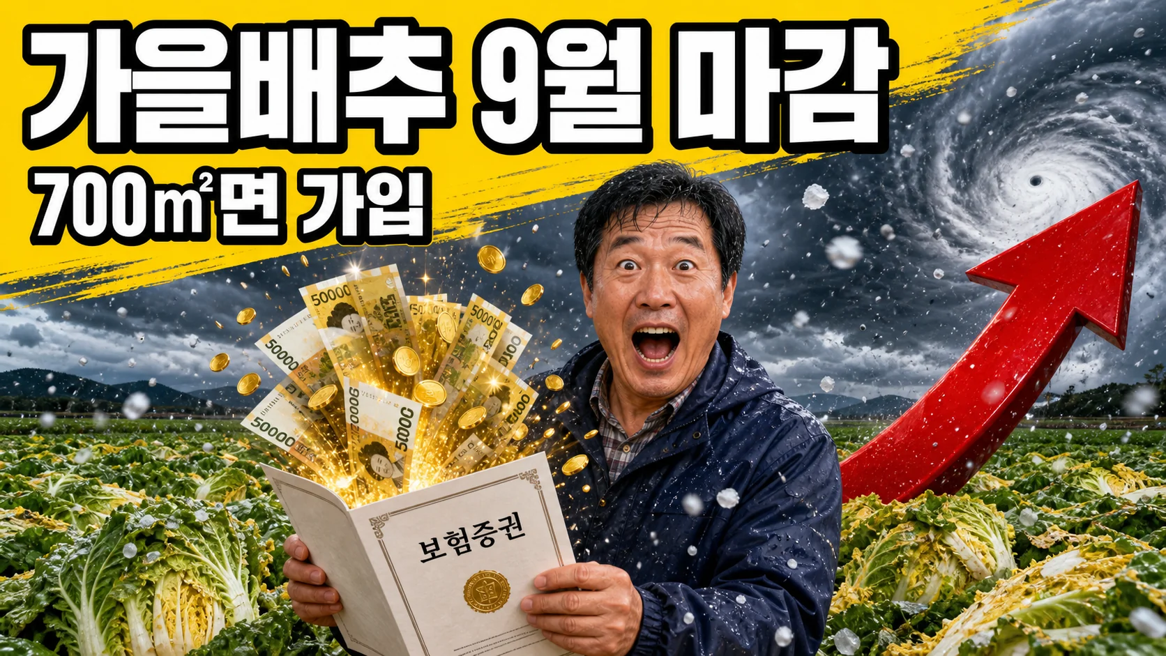 태풍 먹구름 아래 가을배추밭에 선 농민과 농작물재해보험 가입 안내 문구