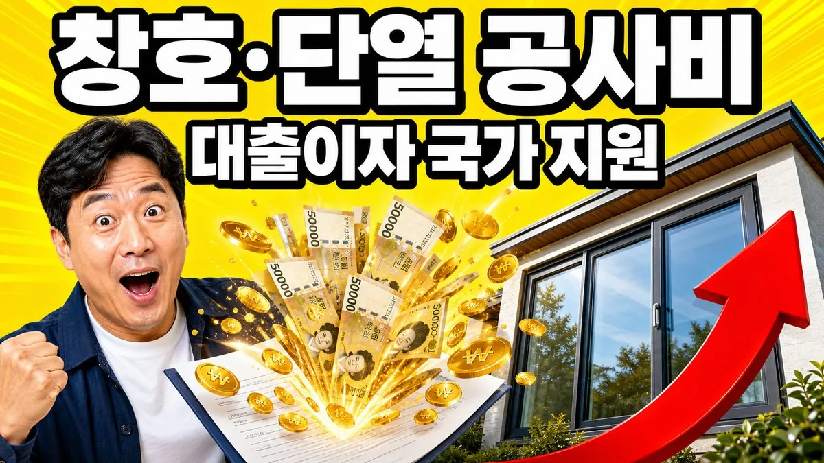 새 창호를 단 주택 앞에서 놀라는 40대 한국인 남성과 '창호·단열 공사비 / 대출이자 국가 지원' 문구가 들어간 그린리모델링 이자지원사업 안내 이미지