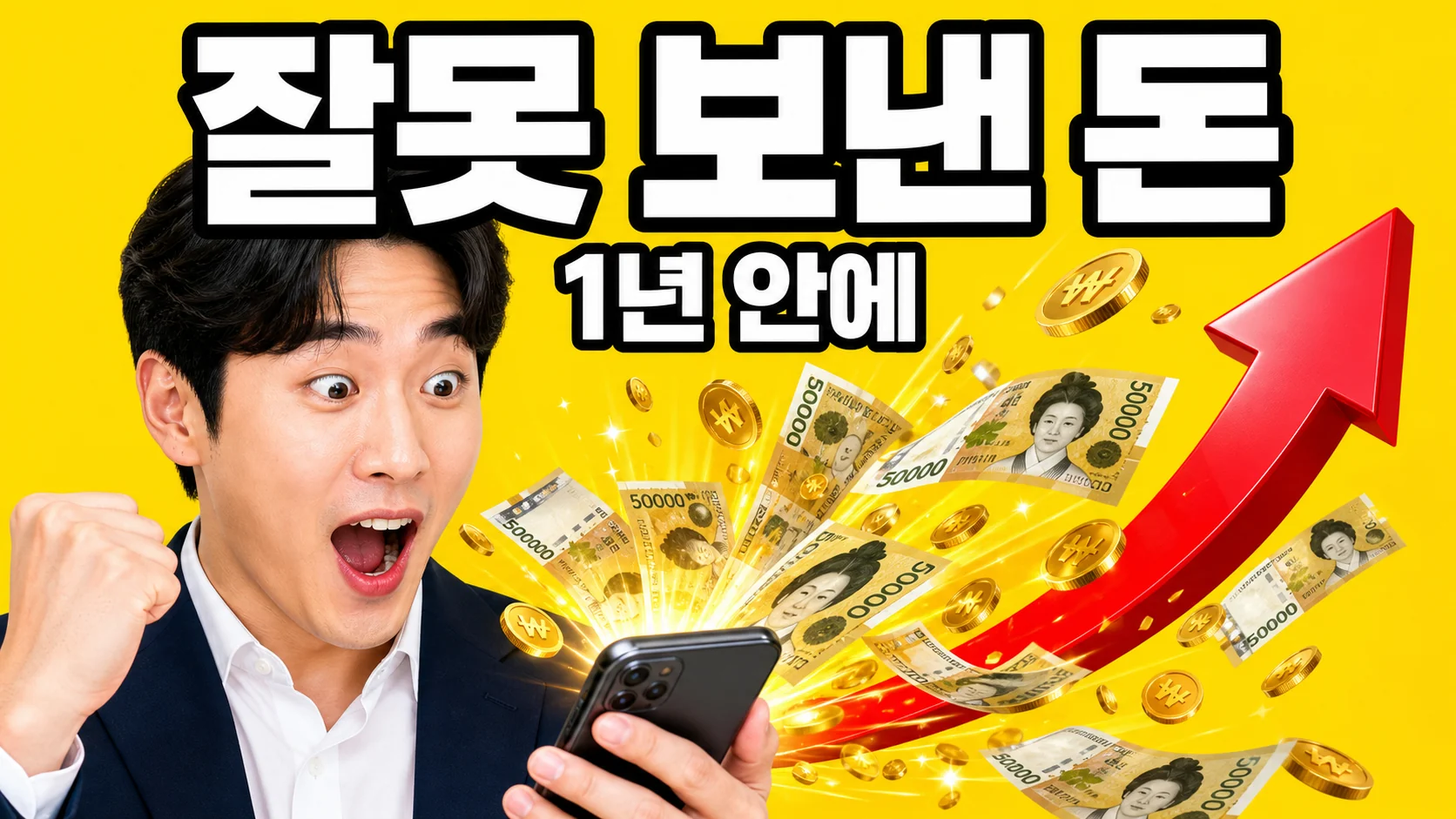 잘못 보낸 돈을 돌려받는 착오송금 반환지원제도 안내 이미지 — 스마트폰에서 지폐와 동전이 쏟아져 나오는 모습