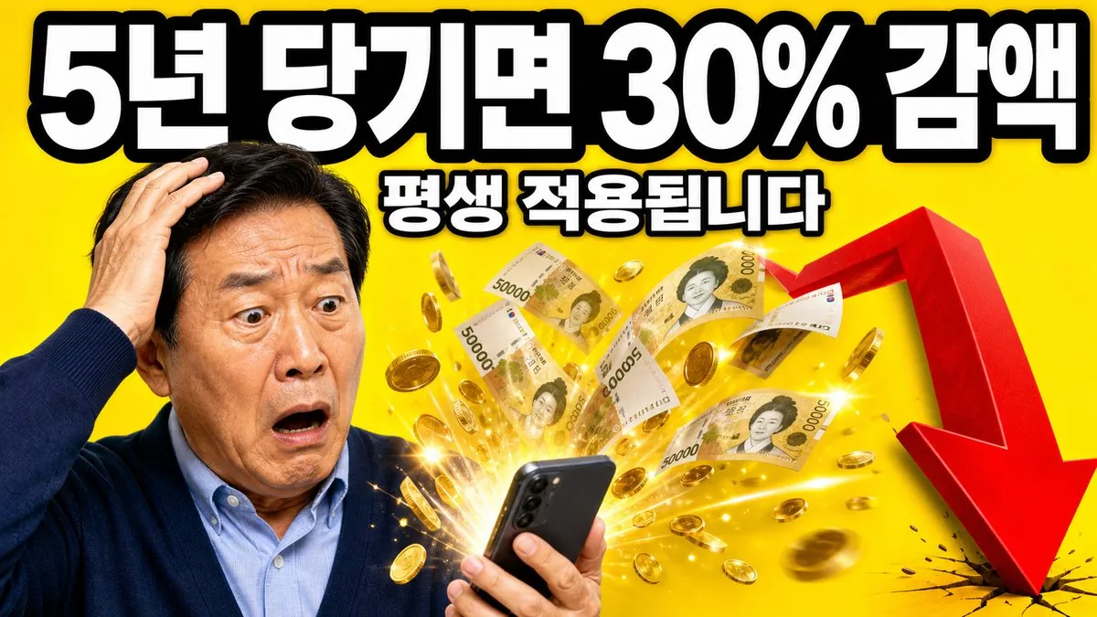 국민연금 조기수령을 5년 당기면 지급률이 70%로 낮아져 30% 감액된다는 내용을 강조한 썸네일 이미지