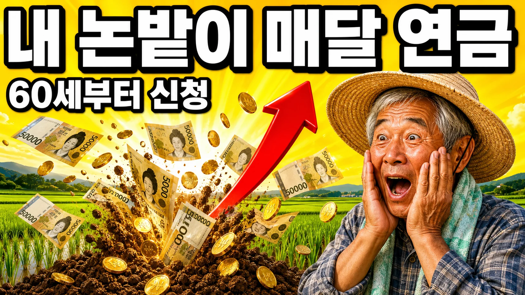 농지연금 신청 안내 이미지 - 논밭 앞에서 놀라는 60대 한국 농업인과 쏟아지는 5만원권 지폐