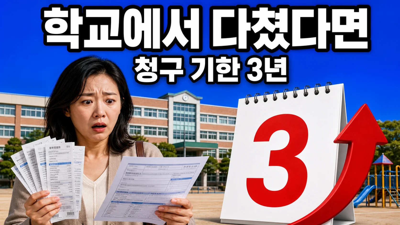 학교 건물 앞에서 병원 영수증과 공제급여 청구서를 든 학부모와 청구 기한 3년을 뜻하는 달력 이미지