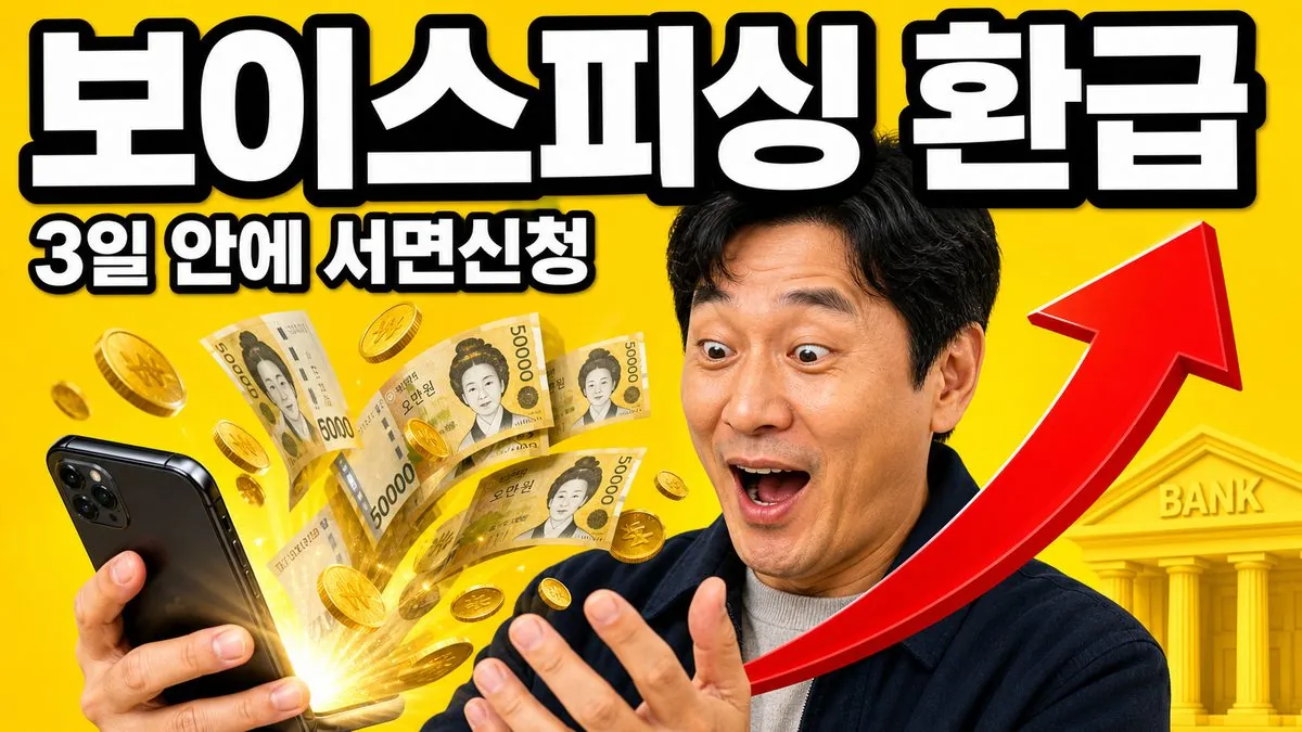 보이스피싱 피해금 환급 안내 이미지 - 스마트폰에서 돈이 되돌아오는 모습과 보이스피싱 환급 문구
