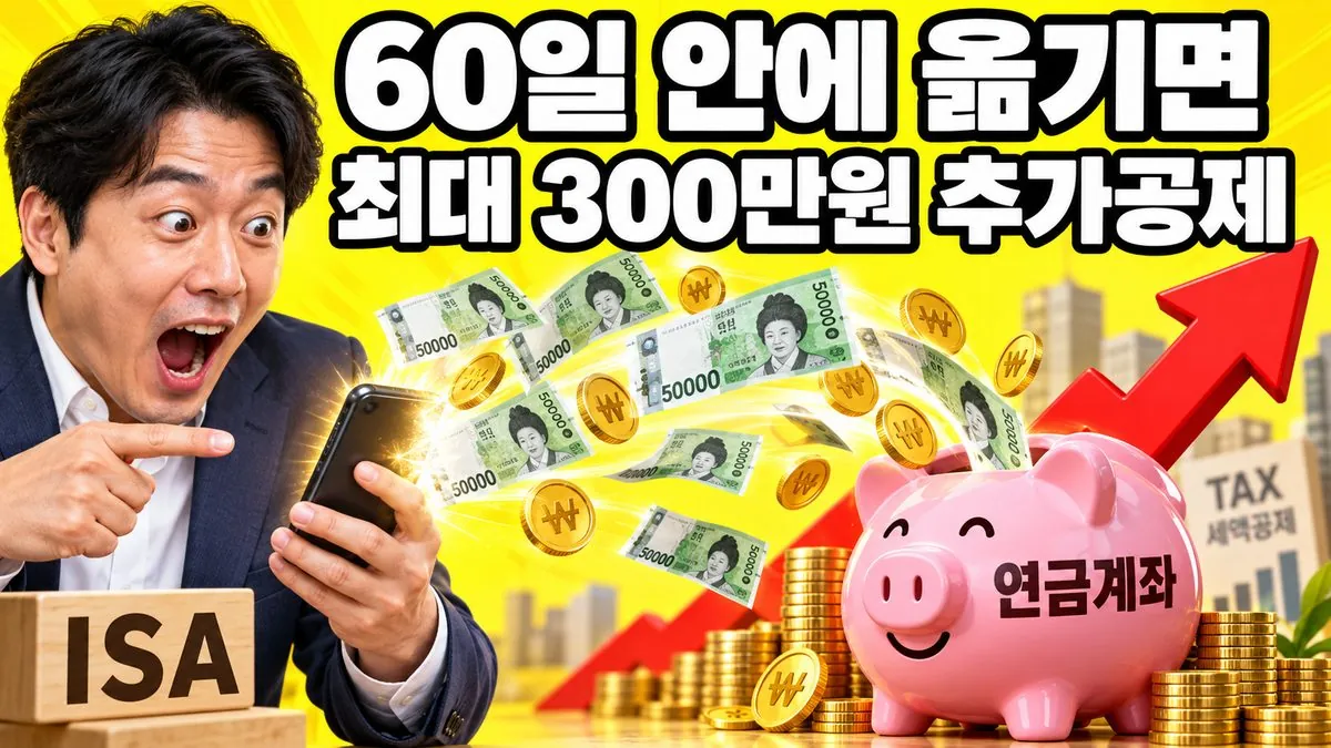 ISA 만기자금을 60일 안에 연금계좌로 옮기면 최대 300만원 추가 세액공제 한도를 받는다는 문구와 놀란 한국인 남성 썸네일