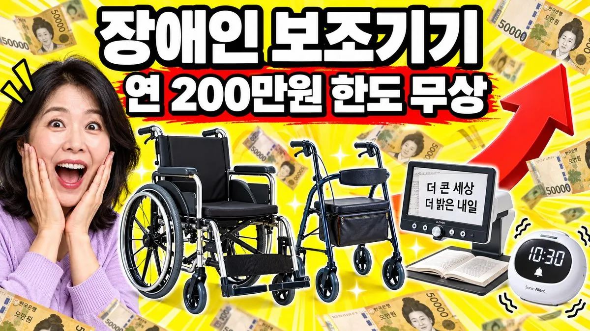 휠체어·보행차·독서확대기 등 장애인 보조기기와 '연 200만원 한도 무상' 문구가 담긴 썸네일