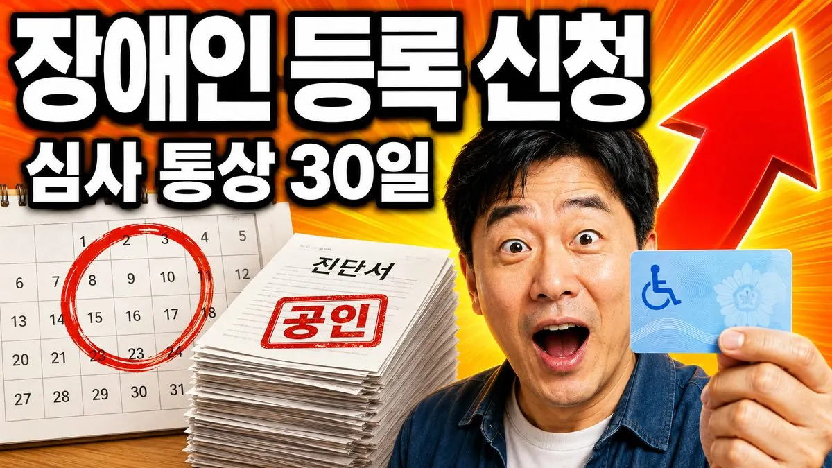 장애인 등록 신청 서류와 등록증을 든 남성, 심사가 통상 30일 걸린다는 것을 알리는 안내 이미지