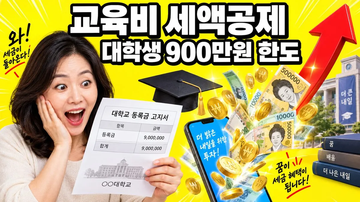 교육비 세액공제 대학생 900만원 한도를 알리는 썸네일 — 등록금 고지서를 든 한국인 여성과 지폐