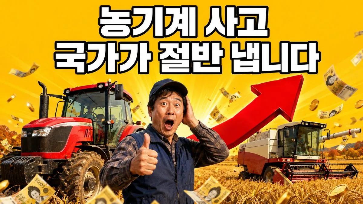 가을 논에서 트랙터와 콤바인 옆에 선 농업인 — 농기계종합보험 보험료 국고 지원을 알리는 이미지