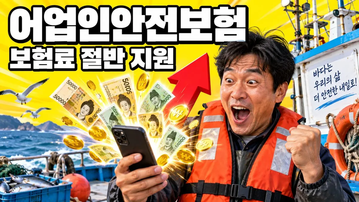 구명조끼를 입은 한국인 어업인과 어업인안전보험 보험료 절반 지원 문구가 담긴 썸네일