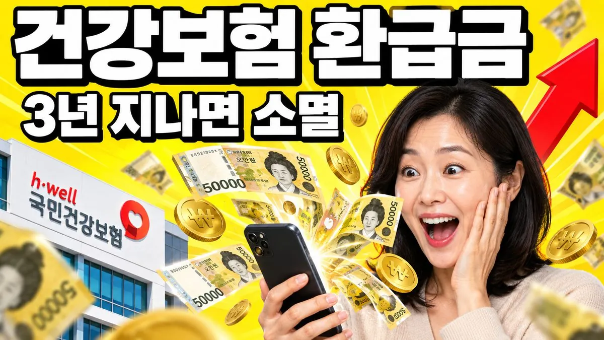 스마트폰에서 지폐와 동전이 쏟아지는 가운데 놀란 표정의 한국인 여성과 '건강보험 환급금 3년 지나면 소멸' 문구