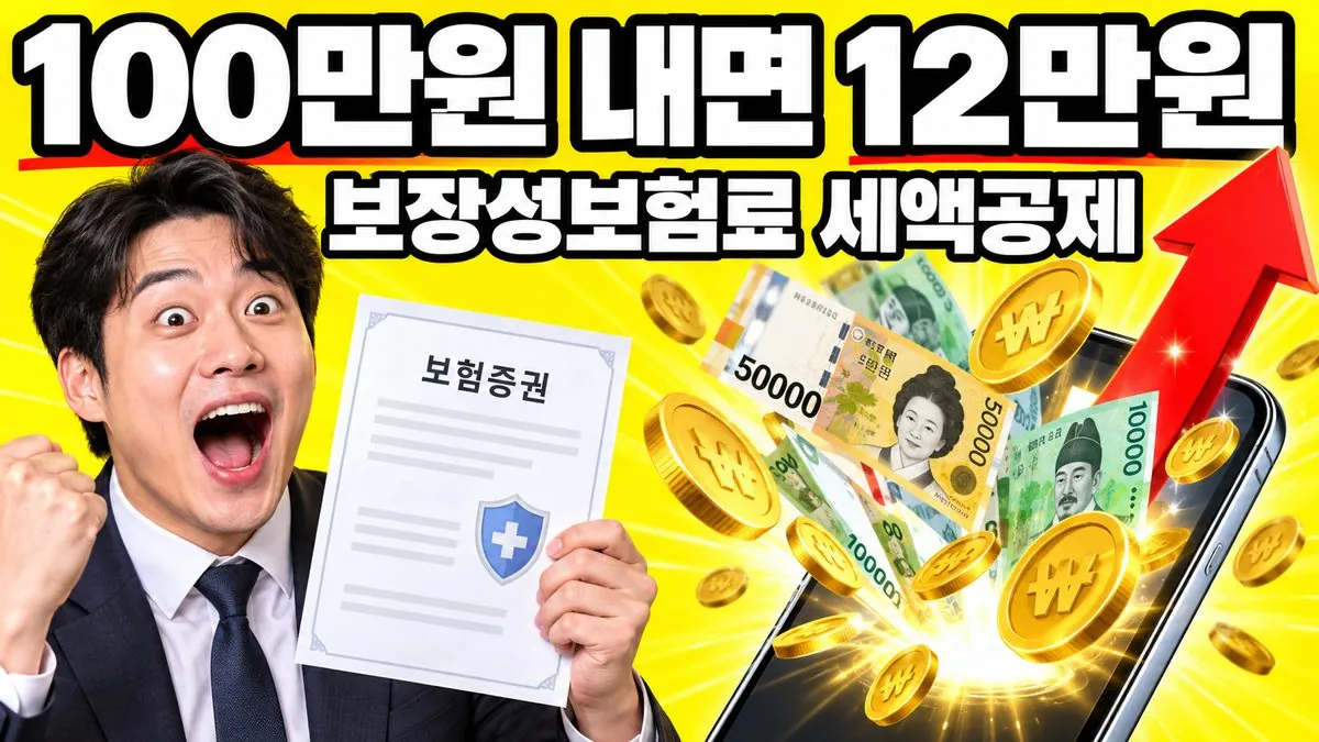 보장성보험료 세액공제 안내 이미지 — 스마트폰에서 쏟아지는 5만원권과 놀란 표정의 30대 남성, 100만원 내면 12만원 문구