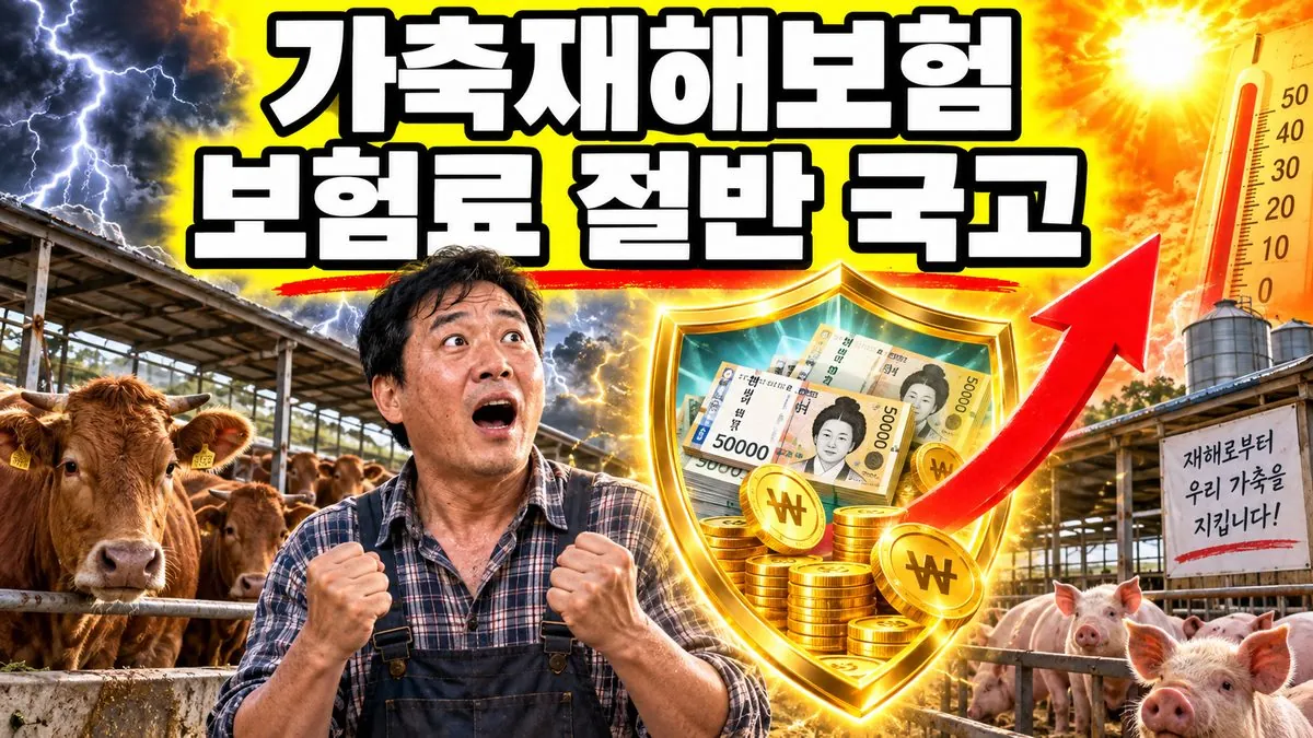 축사 앞에서 가축재해보험 보험료 국고 지원을 알리는 한국인 축산농가와 방패·지폐 이미지