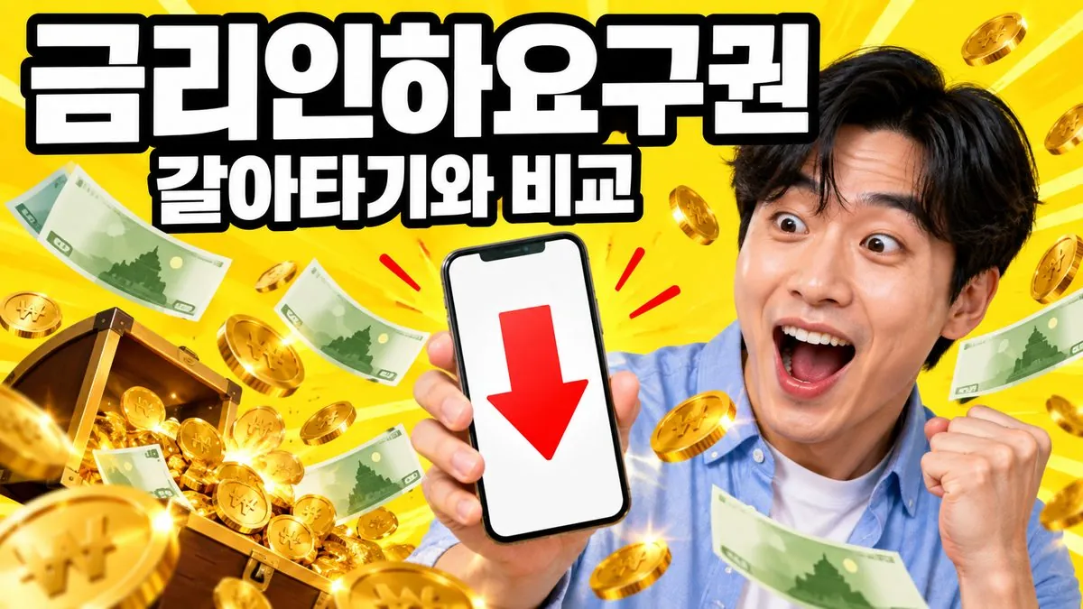 금리인하요구권과 대출 갈아타기를 비교하는 금리 인하 화살표와 놀란 표정의 한국인 남성