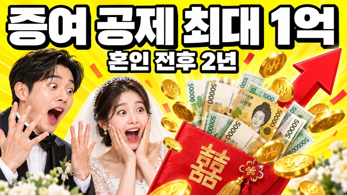 혼인·출산 증여재산 공제 최대 1억원과 혼인 전후 2년 기한을 알리는 썸네일 - 5만원권과 금화가 든 축의금 봉투와 놀란 표정의 30대 한국인 부부