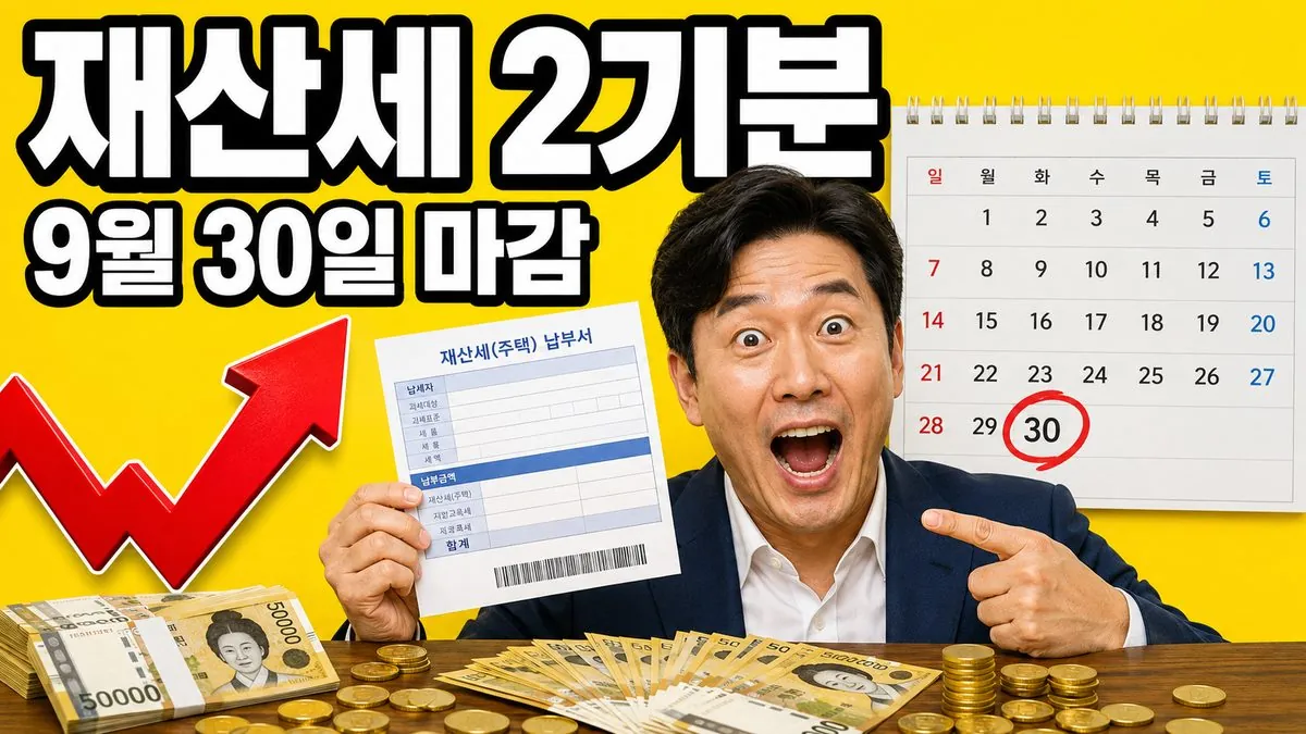 재산세 2기분 납부기한 9월 30일을 알리는 이미지 - 재산세 고지서를 든 남성과 30일에 표시된 달력