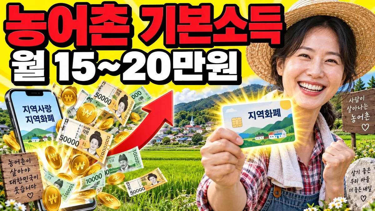 농어촌 기본소득 지역사랑상품권 카드를 든 농촌 주민과 월 15~20만원 문구