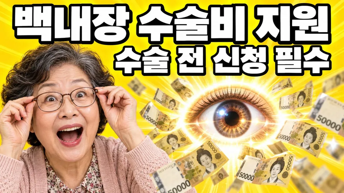 백내장 수술비 지원을 수술 전에 신청해야 한다는 문구와 안경을 만지는 어르신 일러스트