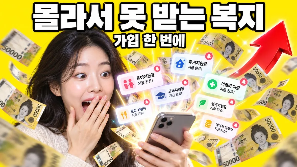 스마트폰에서 쏟아지는 복지 알림과 놀란 표정의 여성 - 복지멤버십 맞춤형 급여 안내