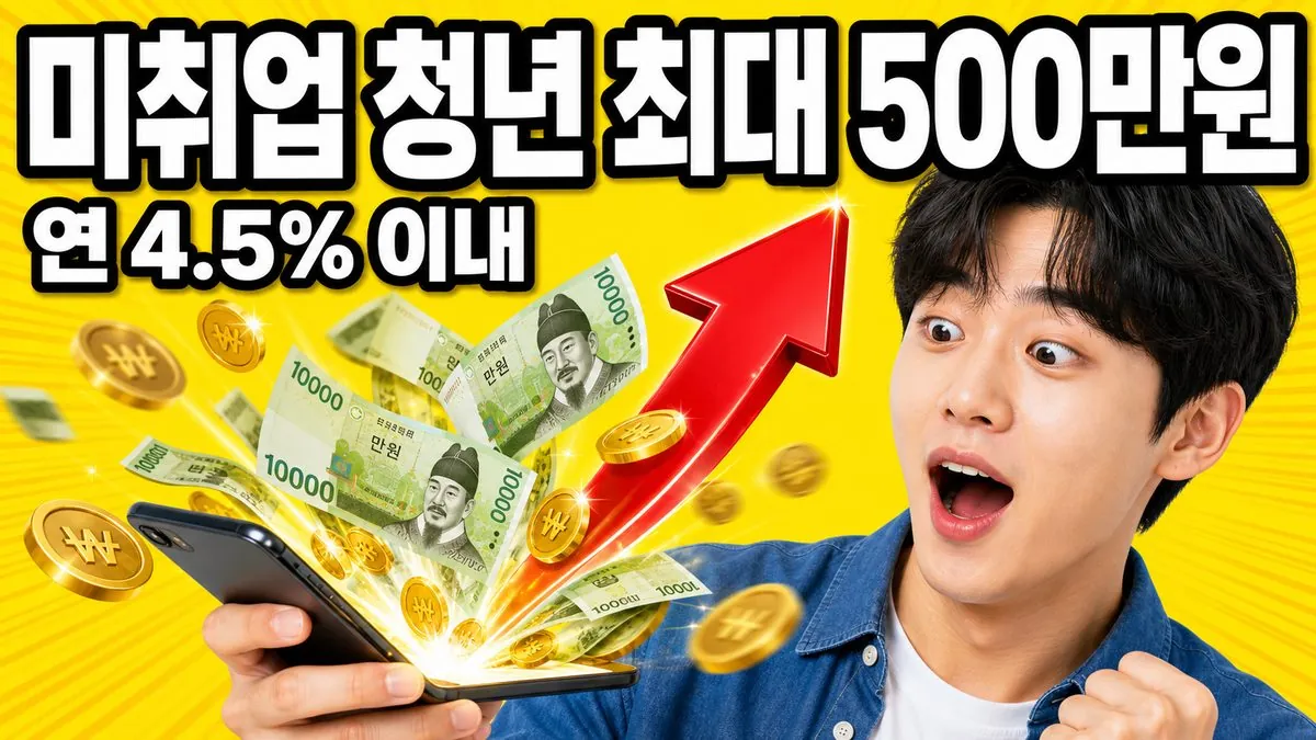 미취업 청년이 스마트폰에서 쏟아지는 5만원권과 금화를 보고 놀라는 모습으로 청년 미래이음 대출 최대 500만원을 표현한 이미지