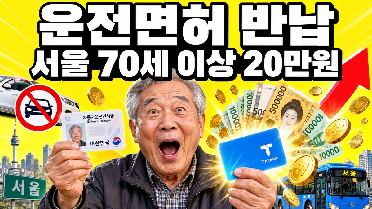 운전면허증을 반납하고 교통카드를 받는 70대 한국인 어르신 일러스트